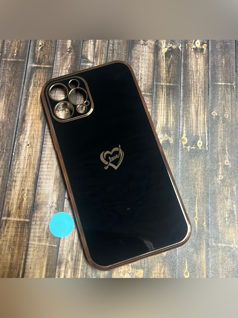 5for$10 Glossy iPhone 12 Silicone Black Phone Case With Gold Trim and Heart